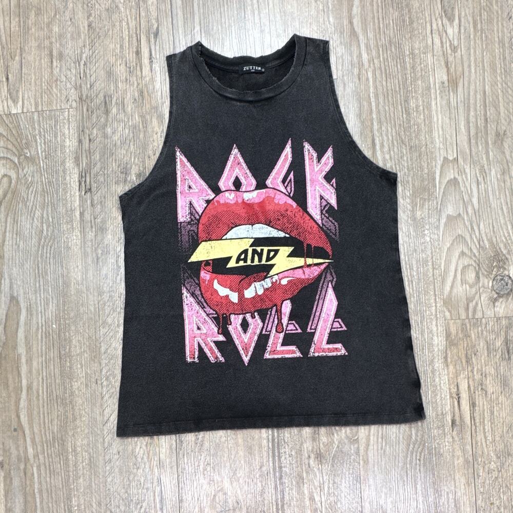 Zutter Rock N Roll Graphic Tank Top Womens Size Black Lip Lightning Bolt